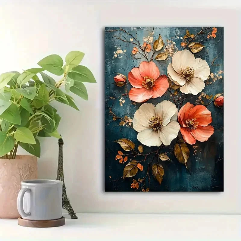 Beautiful Blooming Flowers In Pink White Painting 40x60cm Metal Print Ready to Hang