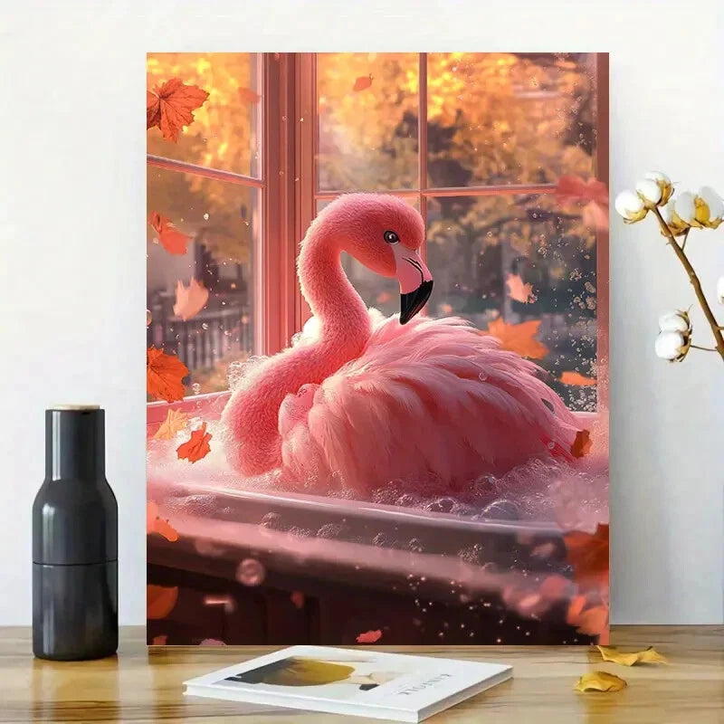 Fluffy Pink Flamingo in The Bathtub Tropical Leaves 40x60cm Metal Print Ready to Hang