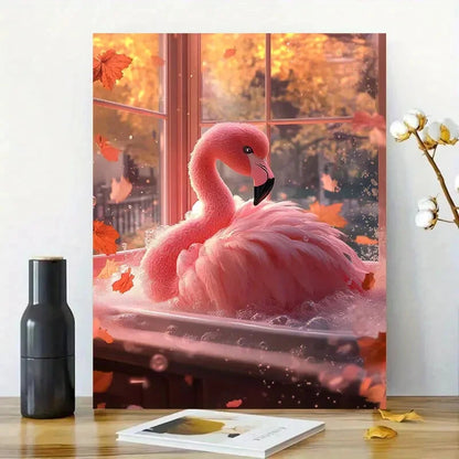Fluffy Pink Flamingo in The Bathtub Tropical Leaves 40x60cm Metal Print Ready to Hang