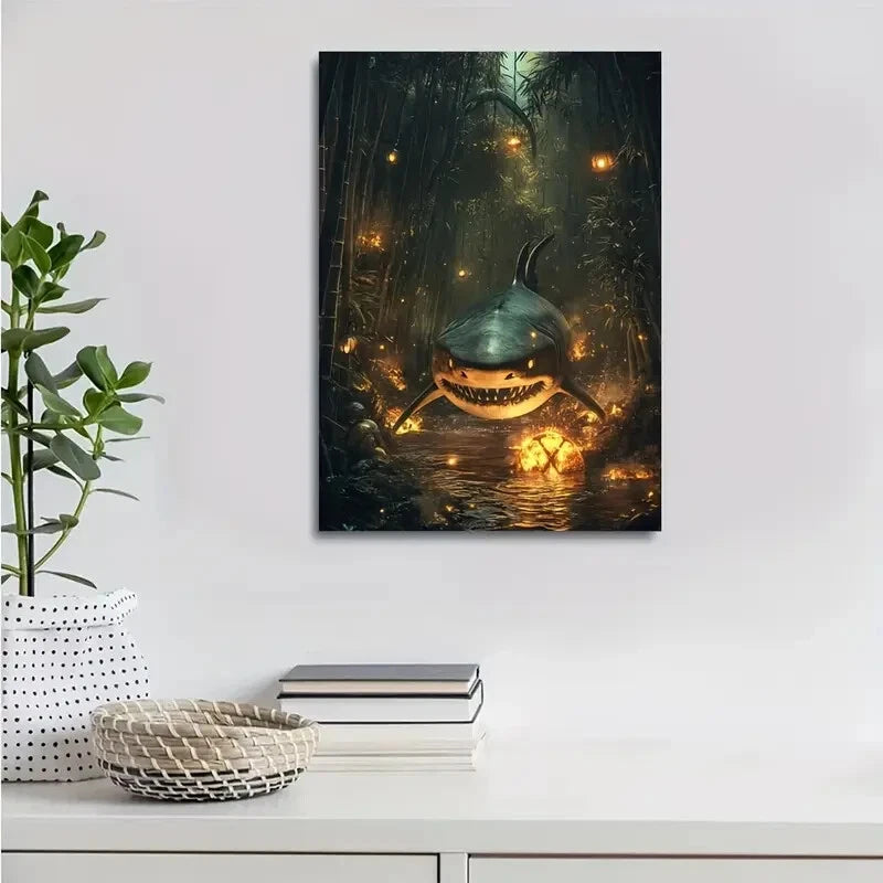 Steampunk Shark in Bamboo Grove with Glowing Embers 40x60cm Metal Print Ready to Hang