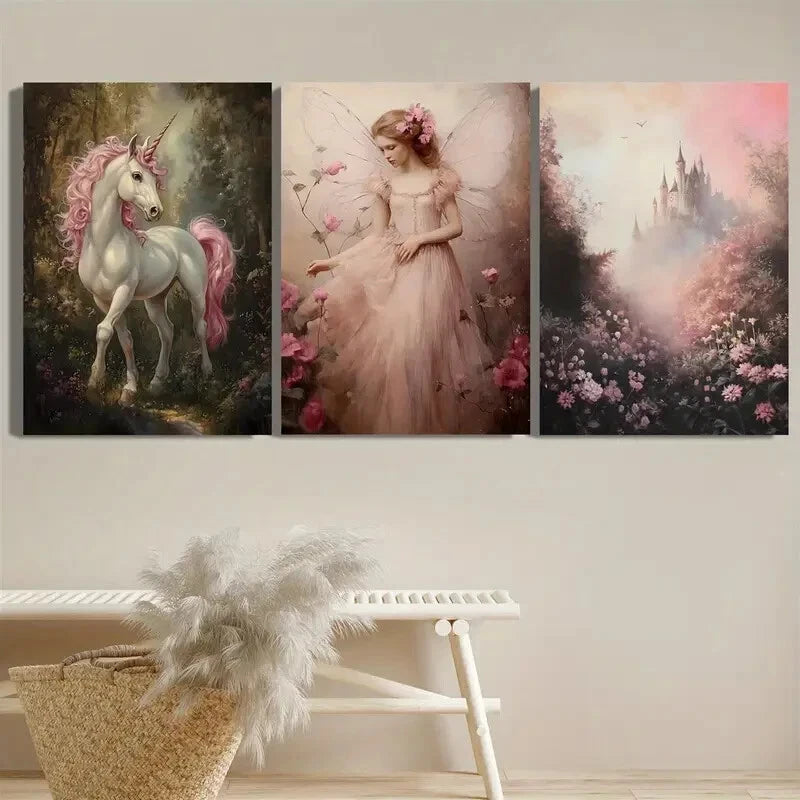 3pcs Enchanted Forest Unicorn & Fairy Perfect Wall Art Set Canvas Framed 40x60cm - High Quality Print 100% Australian Made Wall Canvas Ready to Hang