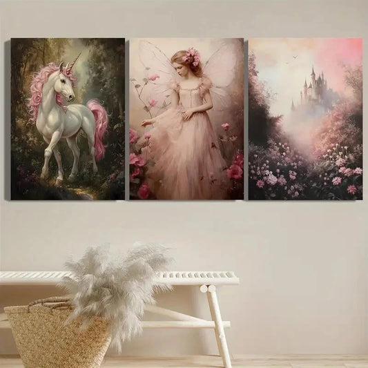 3pcs Enchanted Forest Unicorn & Fairy Perfect Wall Art Set Canvas Framed 40x60cm - High Quality Print 100% Australian Made Wall Canvas Ready to Hang