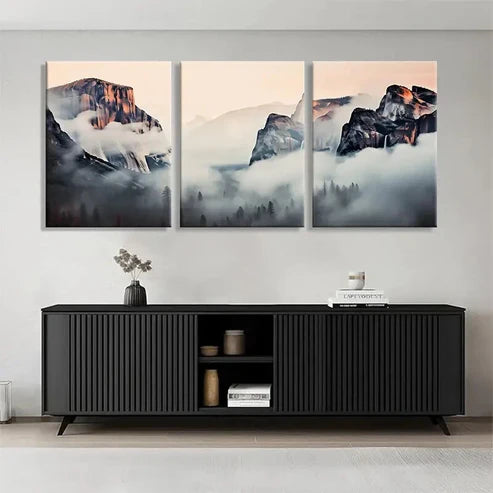 3pcs Foggy Scenic View Golden Mountain Wall Art Canvas Unframed - High Quality Print 100% Australian Made Wall Canvas