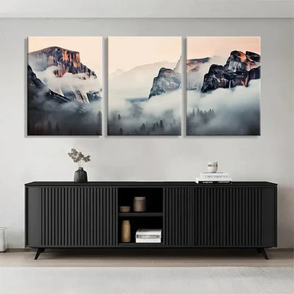 3pcs Foggy Scenic View Golden Mountain Wall Art Canvas Unframed - High Quality Print 100% Australian Made Wall Canvas