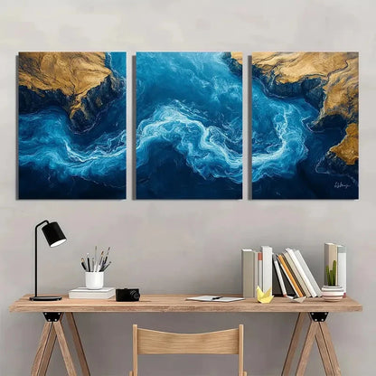 3pcs Navy Blue Golden Black & White Perfect Wall Art Set Canvas Framed 40x60cm - High Quality Print 100% Australian Made Wall Canvas Ready to Hang
