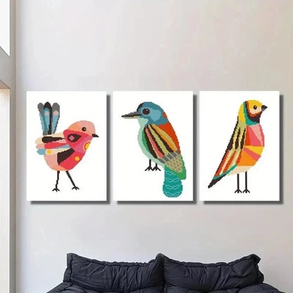 3pcs Geometric Birds Cross Stitch Pattern Wall Art Set Canvas Framed 60x90cm - High Quality Print 100% Australian Made Wall Canvas Ready to Hang
