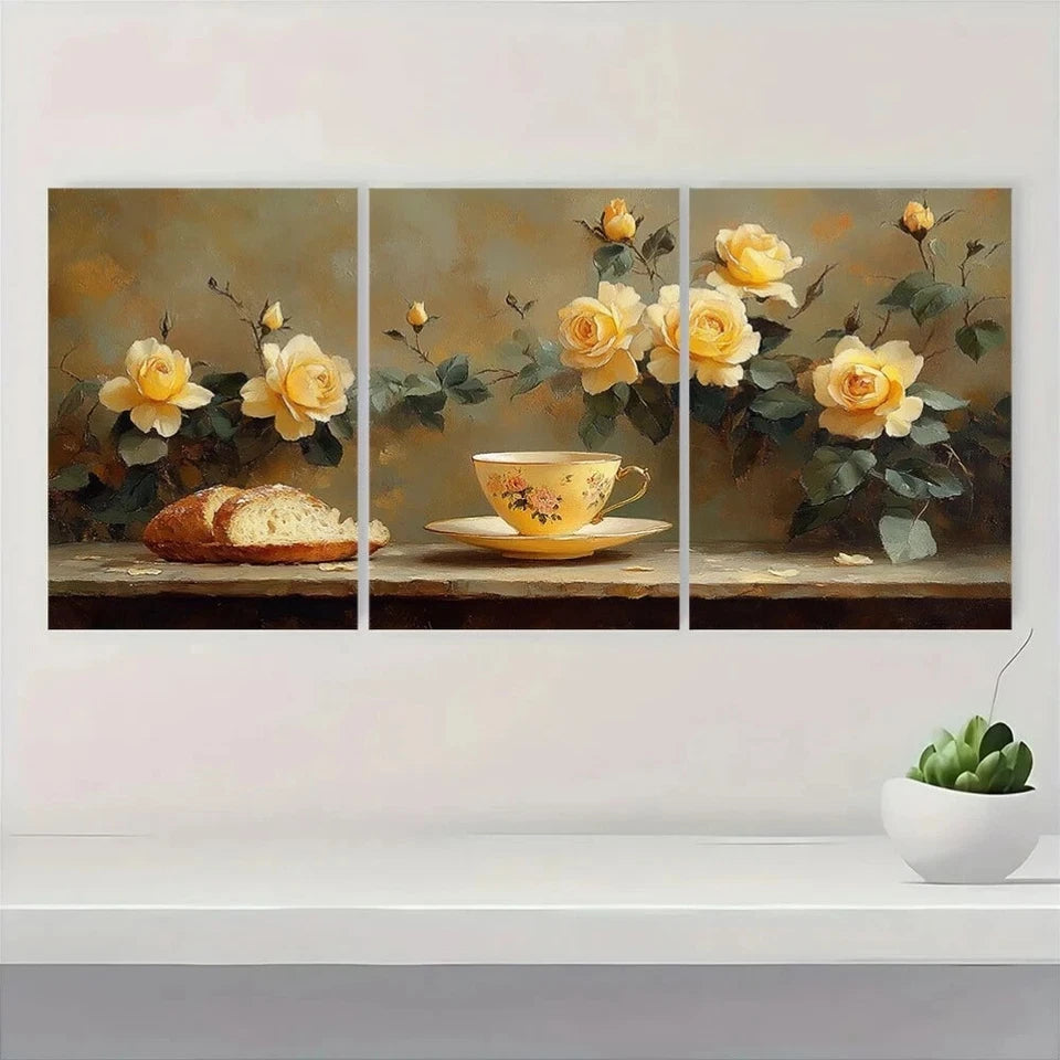 3pcs Vibrant Yellow Roses & White Flowers Metal Print Ready to Hang Art