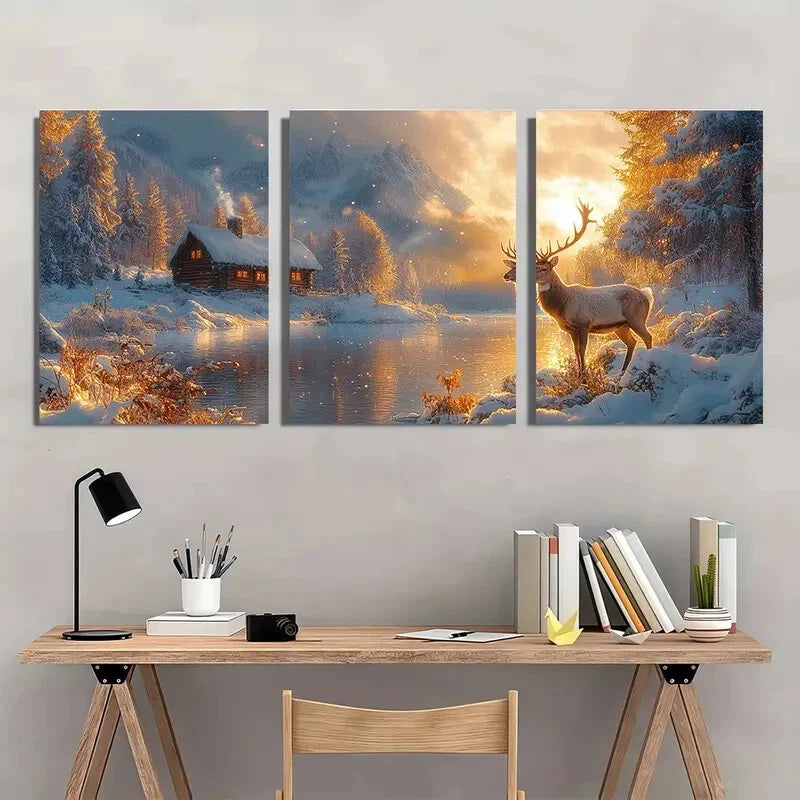 3pcs Landscape with Cozy Cabin & Majestic Stag Wall Art Set Canvas Framed 40x60cm - High Quality Print 100% Australian Made Wall Canvas Ready to Hang