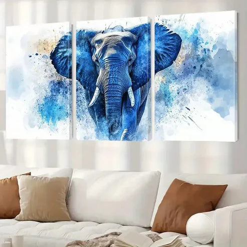 3pcs Majestic Watercolor Textured Blue Elephant Wall Art Set Canvas Framed 60x90cm - High Quality Print 100% Australian Made Wall Canvas Ready to Hang