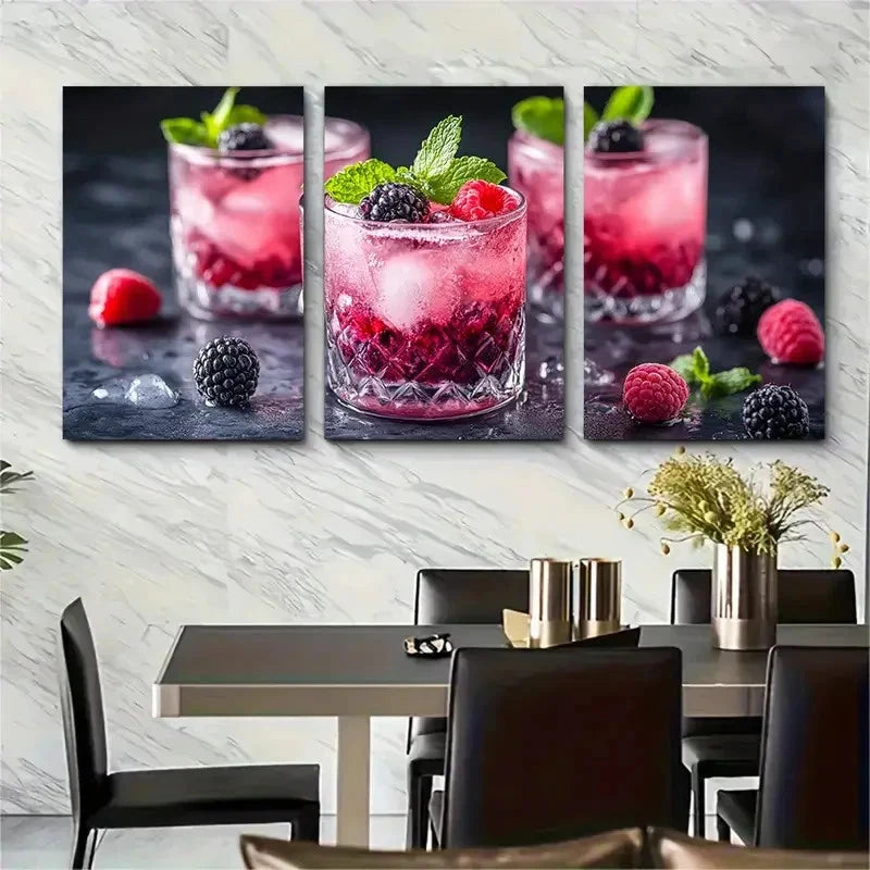 3pcs Fresh Berry Cocktail Décor Perfect Wall Art Set Canvas Framed 40x60cm - High Quality Print 100% Australian Made Wall Canvas Ready to Hang