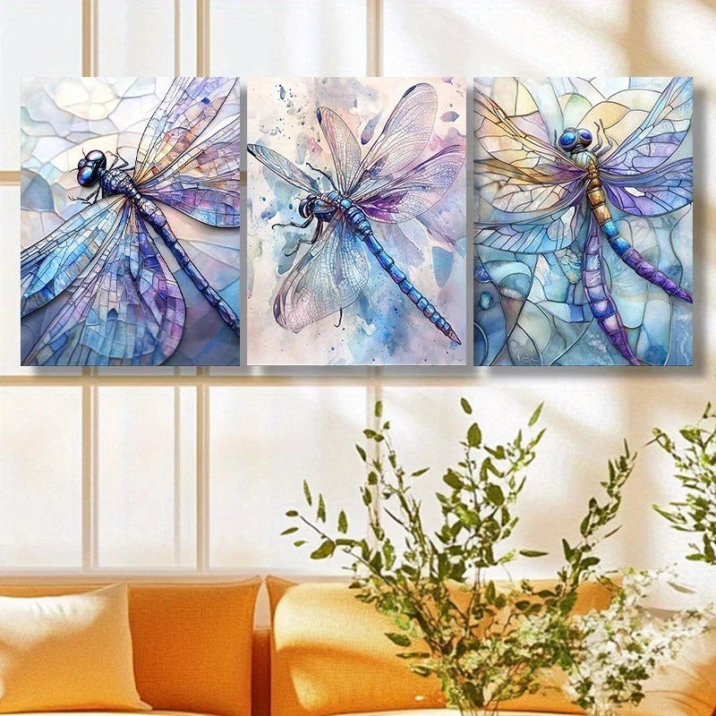 3pcs Dragonfly Painting Vibrant Purple Metal Print Ready to Hang Art