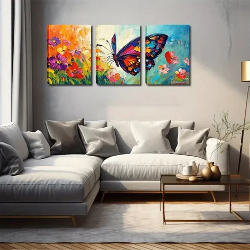 3pcs Vibrant Butterfly and Flower Triptych Wall Art Canvas Unframed - High Quality Print 100% Australian Made Wall Canvas