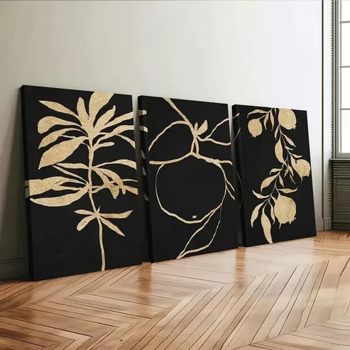 3pcs Abstract Golden Botanical Typography Black Wall Art Set Canvas Unframed - High Quality Print 100% Australian Made Wall Canvas