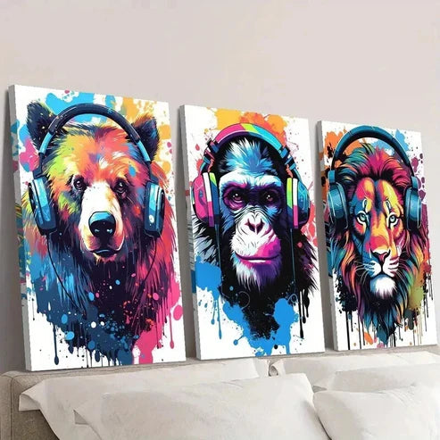 3pcs Lion Wolf Chimpanzee with Headphones Wall Art Canvas Unframed - High Quality Print 100% Australian Made Wall Canvas