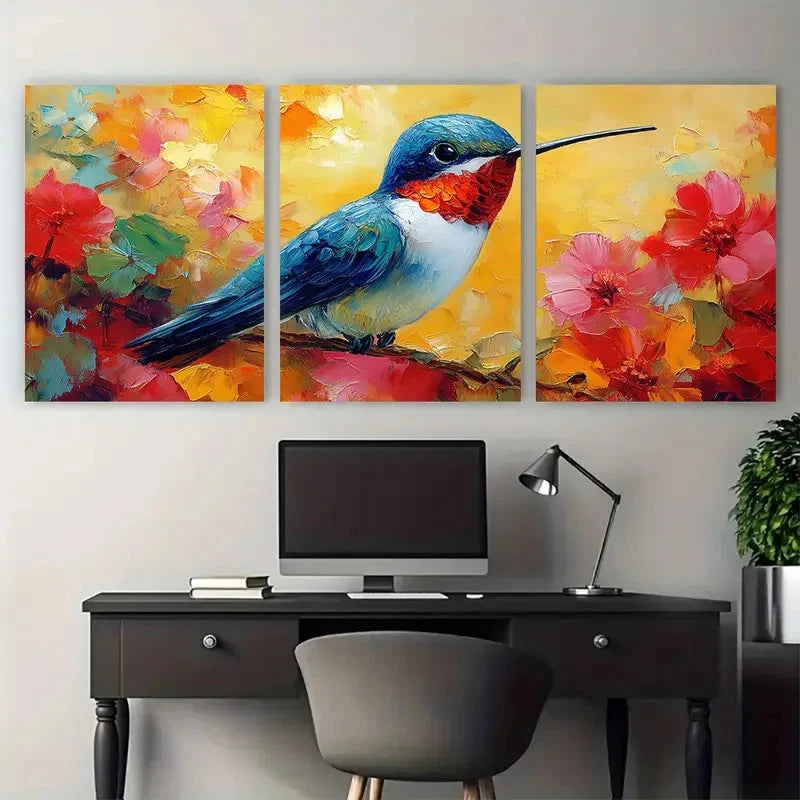 3pcs Hummingbird Small Birds Impasto Perfect  Wall Art Set Canvas Framed 60x90cm - High Quality Print 100% Australian Made Wall Canvas Ready to Hang