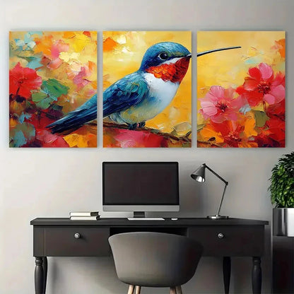 3pcs Hummingbird Small Birds Impasto Perfect  Wall Art Set Canvas Framed 60x90cm - High Quality Print 100% Australian Made Wall Canvas Ready to Hang