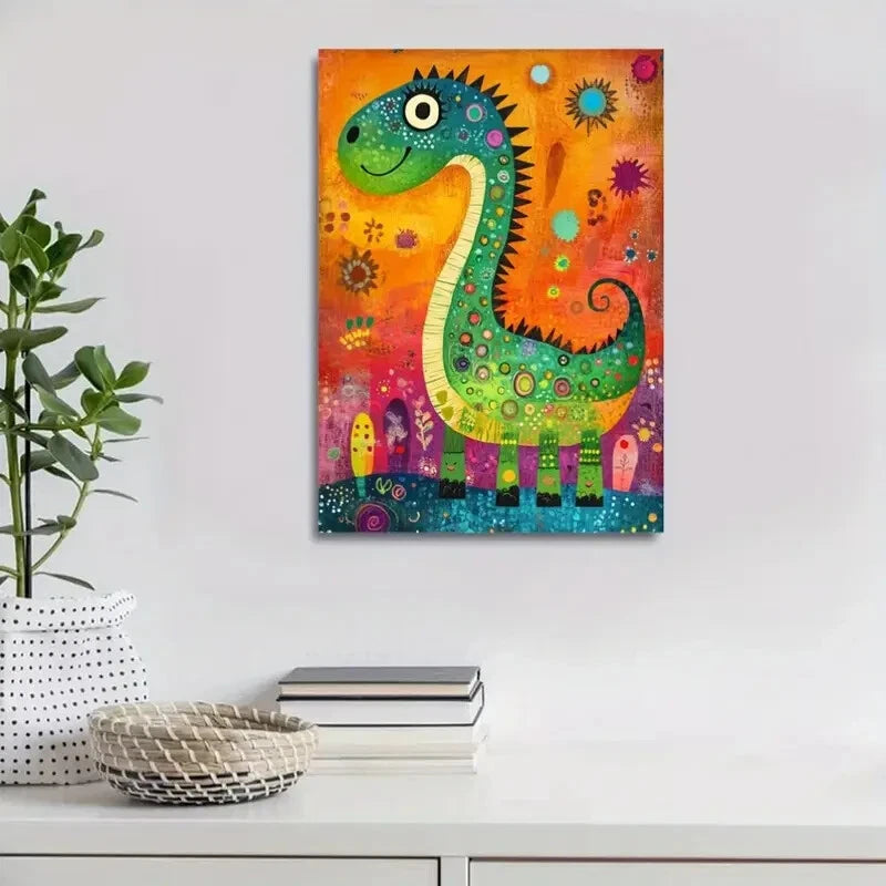 Whimsy Woodland Dinosaur Abstract Cartoon Painting 40x60cm Metal Print Ready to Hang