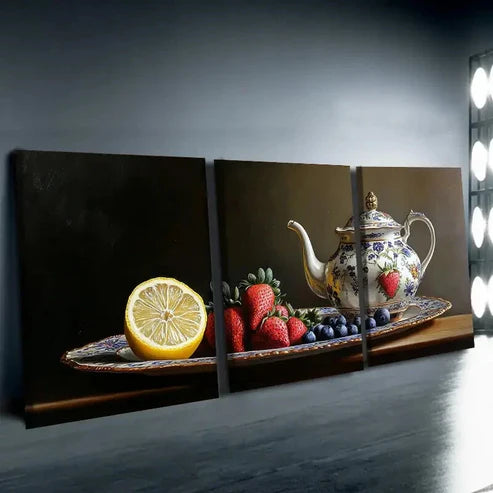 3pcs Afternoon Tea & Fruit Theme Dark Perfect Wall Art Set Canvas Unframed - High Quality Print 100% Australian Made Wall Canvas