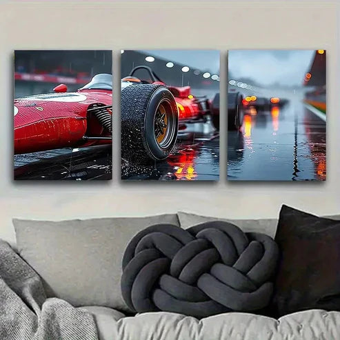 3pcs Red Sports Car on Rainy Track Wall Art Set Canvas Unframed - High Quality Print 100% Australian Made Wall Canvas - Bella Home Decor