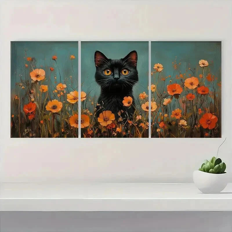 3pcs Black Cat Floral Vibrant Nature Metal Print Ready to Hang Art