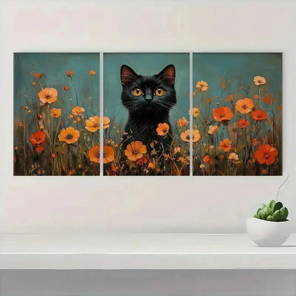 3pcs Black Cat Floral Vibrant Nature Metal Print Ready to Hang Art