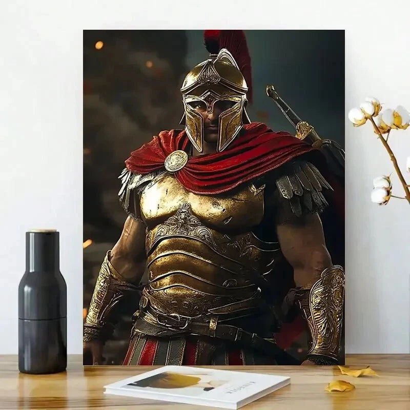 Greek Spartan Warrior In Golden Armor with a Red Cloak  40x60cm Metal Print Ready to Hang
