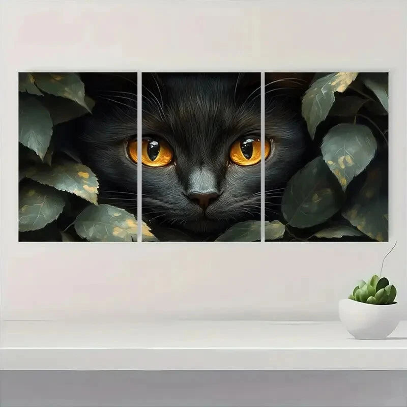 3pcs Black Cat with Green Leaves Metal Print Ready to Hang Art