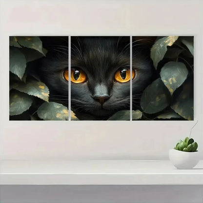 3pcs Black Cat with Green Leaves Metal Print Ready to Hang Art
