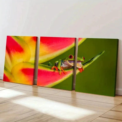 3pcs Tree Frog Lying On Flower Petal Wall Art Set Canvas Framed 40x60cm - High Quality Print 100% Australian Made Wall Canvas Ready to Hang