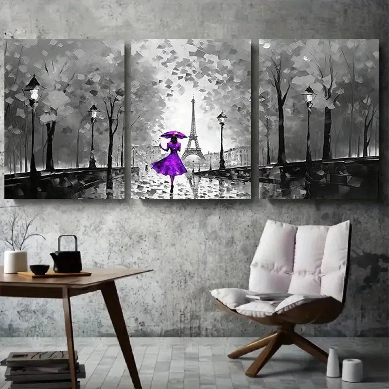 3pcs Paris Rainy Night Eiffel Tower Purple Wall Art Set Canvas Framed 40x60cm - High Quality Print 100% Australian Made Wall Canvas Ready to Hang