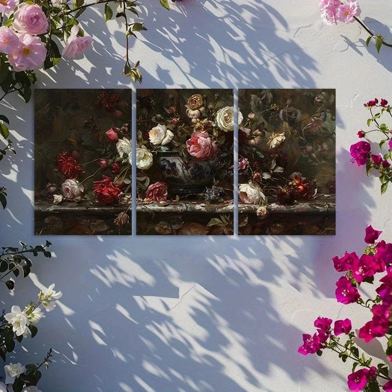 3pcs European Classical Retro Scenery Flower Metal Print Ready to Hang Art