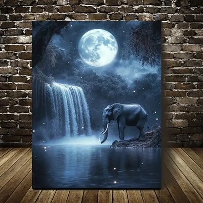 Dreamlike Elephant & Crystal Waterfall Scene Painting 40x60cm Metal Print Ready to Hang