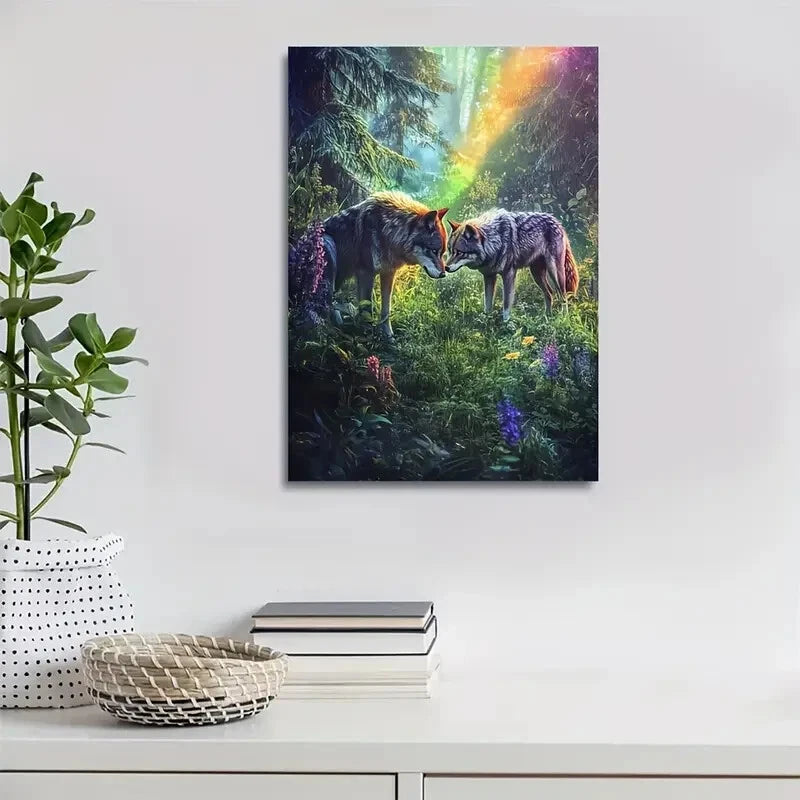 Beautiful Dreamlike Wolf Playtime Green Painting 40x60cm Metal Print Ready to Hang