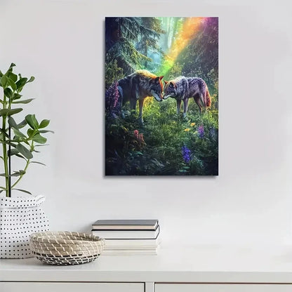 Beautiful Dreamlike Wolf Playtime Green Painting 40x60cm Metal Print Ready to Hang