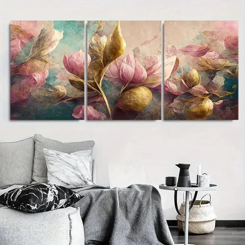 3pcs Elegant Pink & Golden Magnolia Floral Wall Art Canvas Unframed - High Quality Print 100% Australian Made Wall Canvas