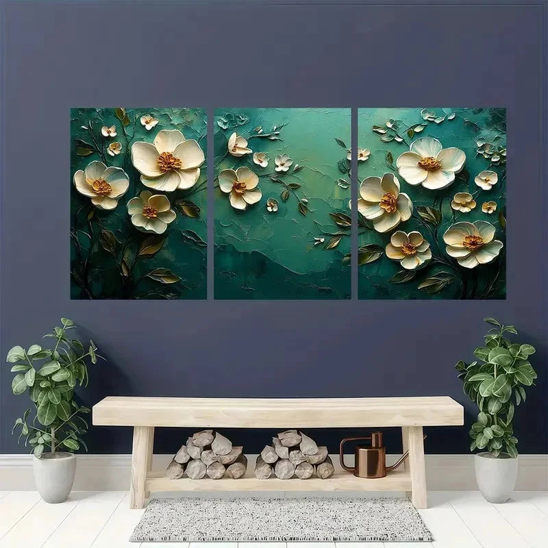3pcs Abstract Floral Textured Art Green White Wall Art Set Canvas Framed 40x60cm - High Quality Print 100% Australian Made Wall Canvas Ready to Hang