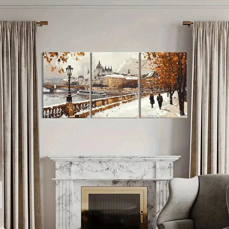 3pcs Snowy Cityscape with River & Autumn Leaves Wall Art Set Canvas Framed 40x60cm - High Quality Print 100% Australian Made Wall Canvas Ready to Hang