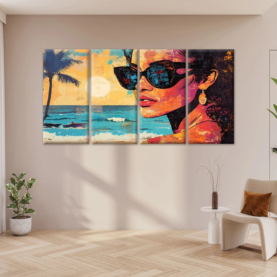 4pcs Vibrant Pop Art Woman in Sunglasses Wall Art Canvas Framed 45x80cm - High Quality Print 100% Australian Made Wall Canvas Ready to Hang