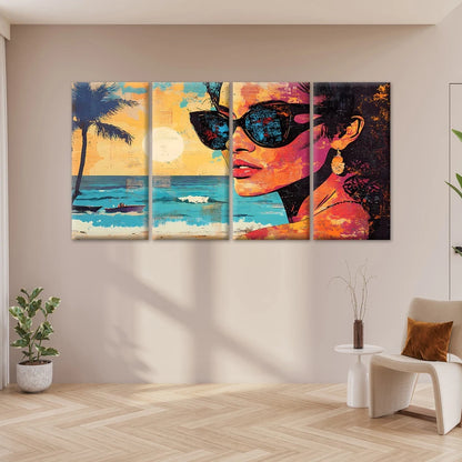 4pcs Vibrant Pop Art Woman in Sunglasses Wall Art Canvas Framed 45x80cm - High Quality Print 100% Australian Made Wall Canvas Ready to Hang