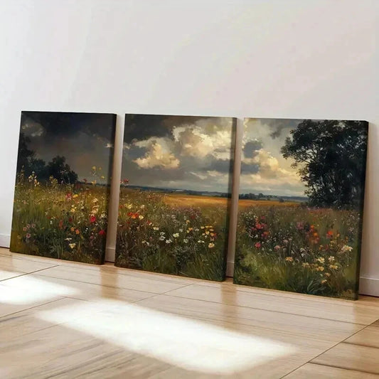 3pcs Vibrant Wildflower with Sunlit Meadow Wall Art Set Canvas Framed 40x60cm - High Quality Print 100% Australian Made Wall Canvas Ready to Hang