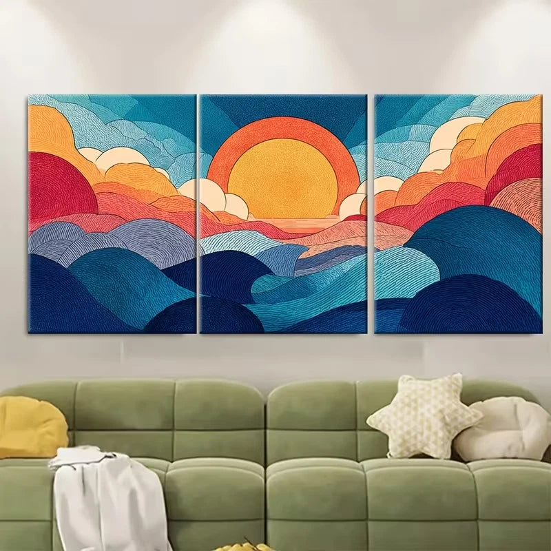 3pcs Abstract Sun Waves Wall Art Set Canvas Framed 40x60cm - High Quality Print 100% Australian Made Wall Canvas Ready to Hang