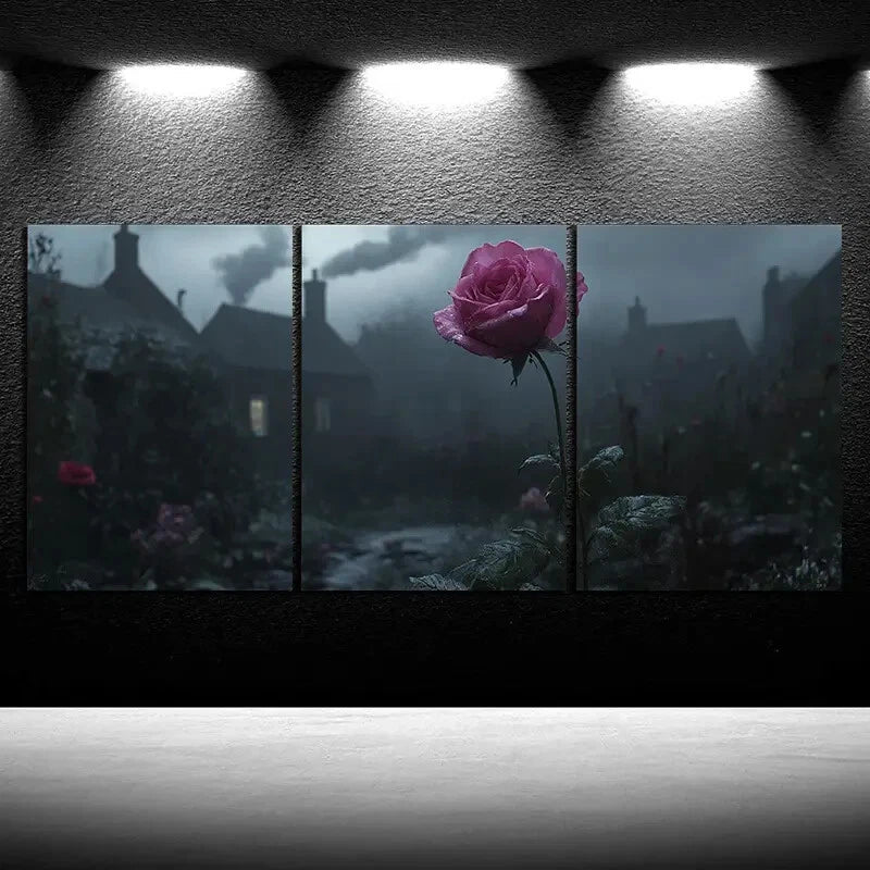 3pcs Rose in the Rain Farmhouse View Metal Print Ready to Hang Art