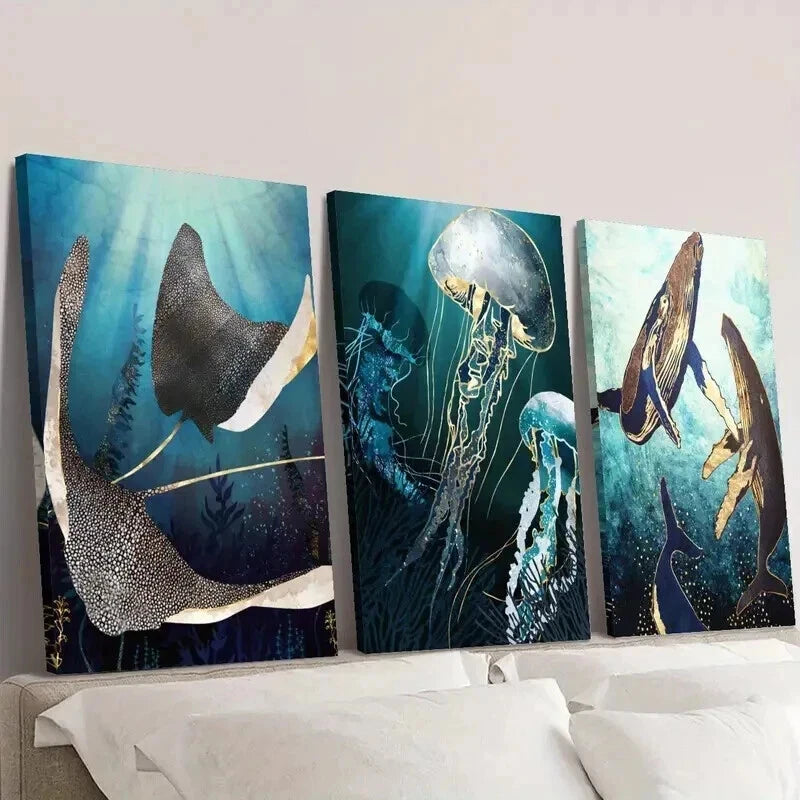 3pcs Whale Octopus Jellyfish Marine Life Wall Art Set Canvas Framed 40x60cm - High Quality Print 100% Australian Made Wall Canvas Ready to Hang