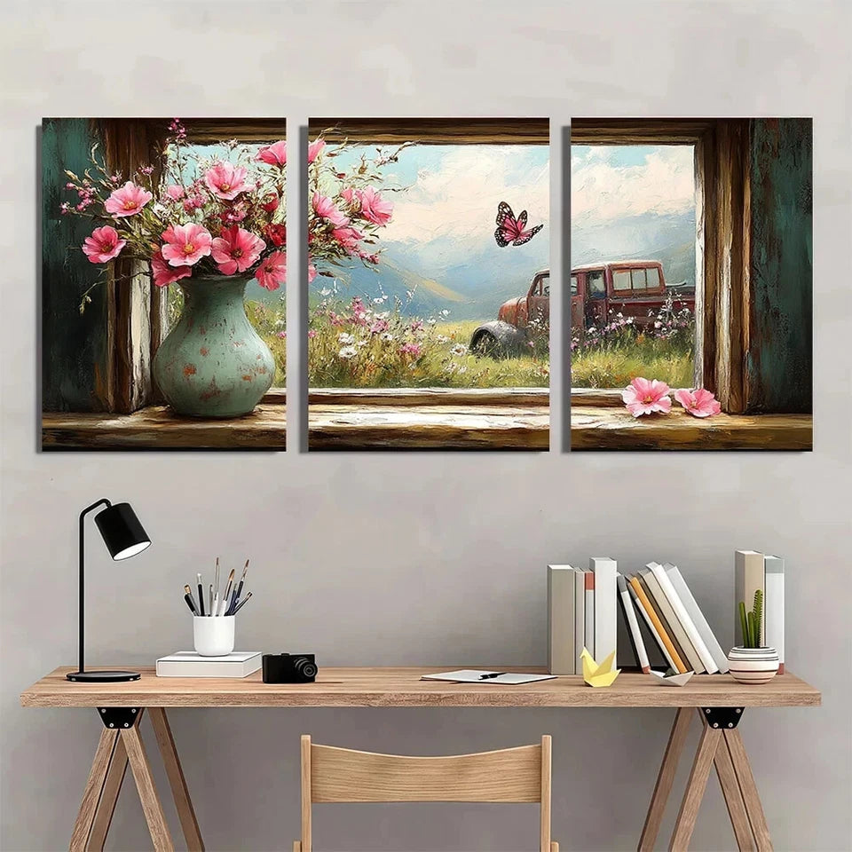 3pcs Rustic Farmhouse Window Scene Metal Print Ready to Hang Art
