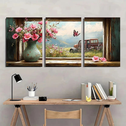3pcs Rustic Farmhouse Window Scene Metal Print Ready to Hang Art