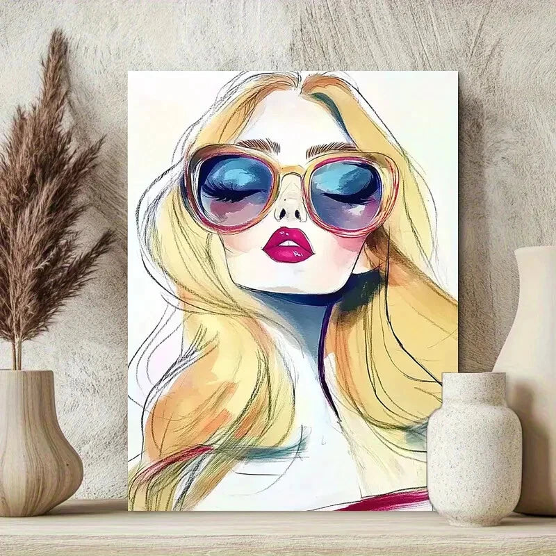 Fashion Model with Fashion Glasses Vibrant Colors 40x60cm Metal Print Ready to Hang