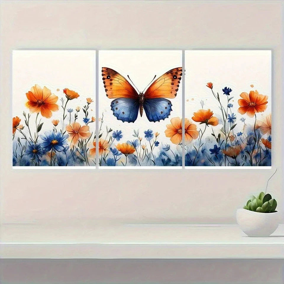 3pcs Modern Vibrant Wildflowers and Butterflies Metal Print Ready to Hang Art