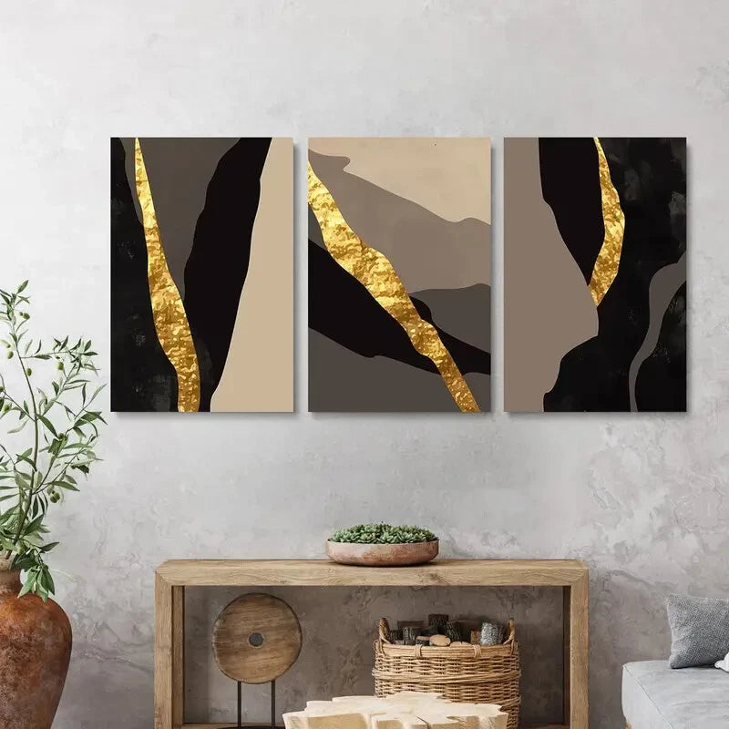 3pcs Abstract Golden Texture Painting Metal Print Ready to Hang Art