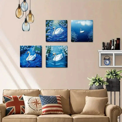 4pcs Blue Flower Stream & Lush Greenery Wall Art Canvas Framed