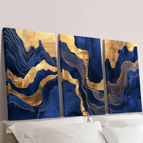3pcs Wavy Blue Marble and Gold Gilt Wall Art Canvas Unframed – High Quality Print 100% Australian Made Wall Canvas